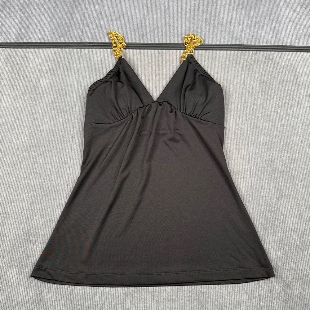 Charlotte Russe Black Tank Top Gold Chain Straps y2k V-Neck Small vtg